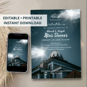 Ramadan Iftar-inbjudan med blå moské kupol Inbjudningar
