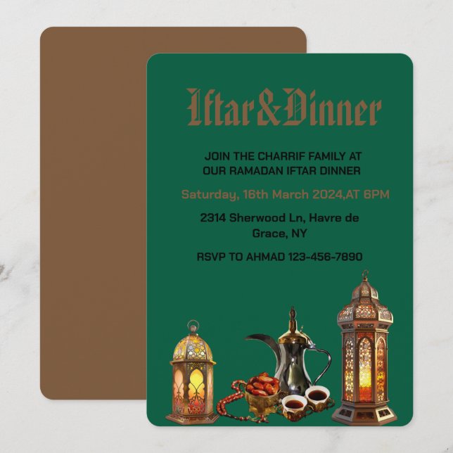 Ramadan Kareem 2025 Iftar Middagskvällsfest Inbjudningar (Fram/baksida)