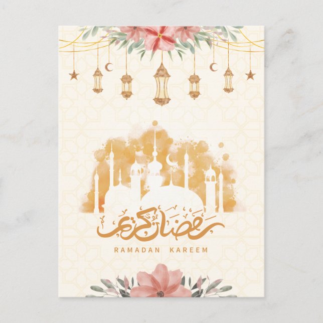 Ramadan Kareem Blommigt Watercolor Lanterns Vykort (Framsida)