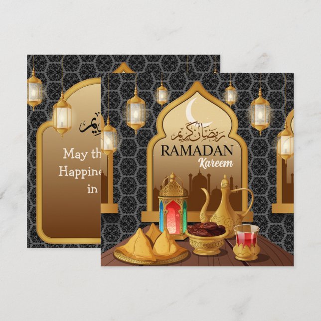 Ramadan Kareem Elegant Guldlykta & Matkonst Julkort (Fram/baksida)