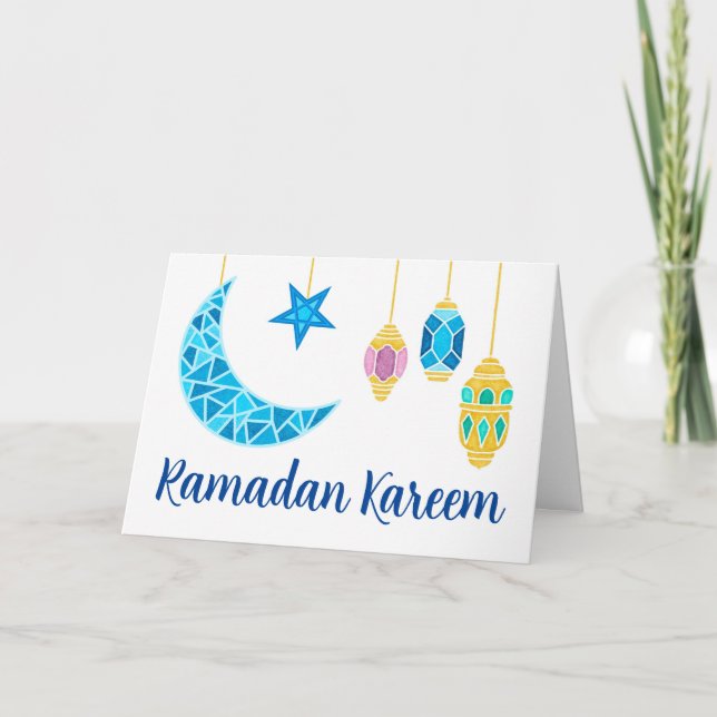 Ramadan Kareem Hälsning med Fanoos och Måne Kort (Framsida)