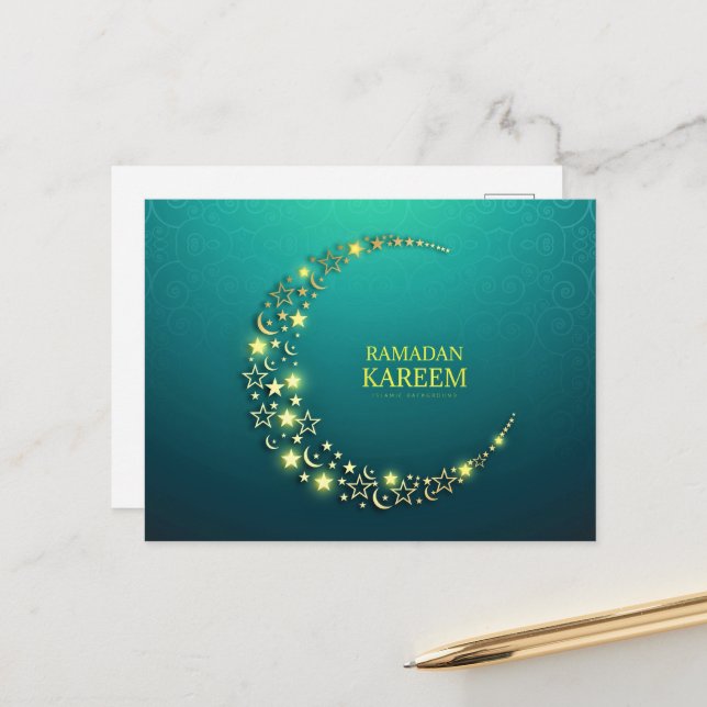 Ramadan Kareem Islamic Guld Crescent Vykort (Fram/Back In Situ)