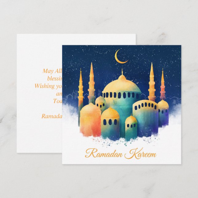 Ramadan Kareem Mubarak Watercolor Cresent Mosque Julkort (Fram/baksida)