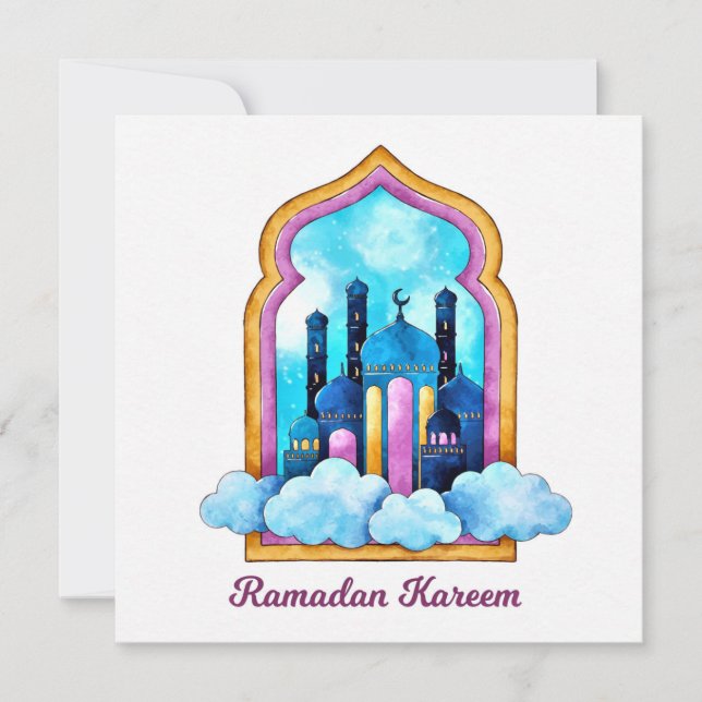 Ramadan Kareem Watercolor Muslim Mosque Julkort (Framsida)