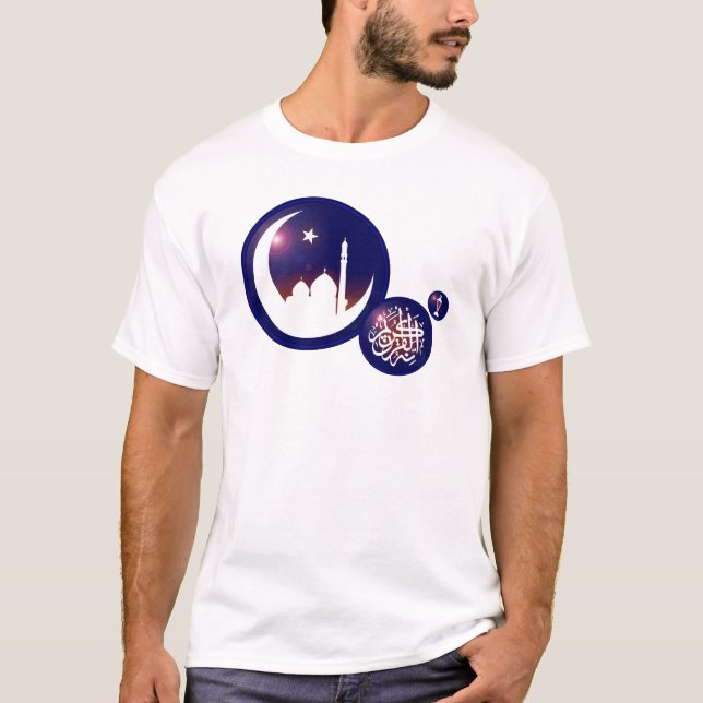 Ramadan Mosque i Crescent Måne med Fanous Blue Tee Shirt (Framsida)