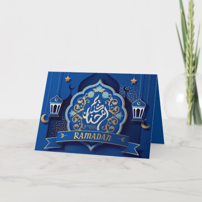 Ramadan Mubarak Arabiska Calligraphy Mönster Blue Helgkort (Framsida)