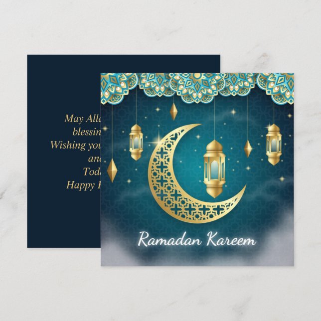 Ramadan Mubarak Blue Guld Crescent Islamic Lantern Julkort (Fram/baksida)
