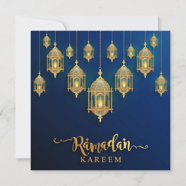 Ramadan Mubarak Golden Islamic Lanterns Blue Julkort (Framsida)