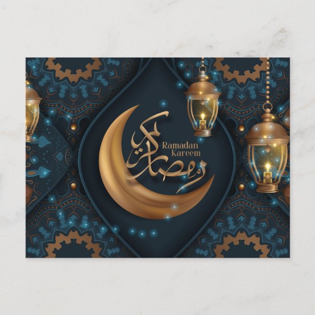 Ramadan Mubarak Guld Crescent Arabiska Mönster Blu Helg Vykort (Framsida)