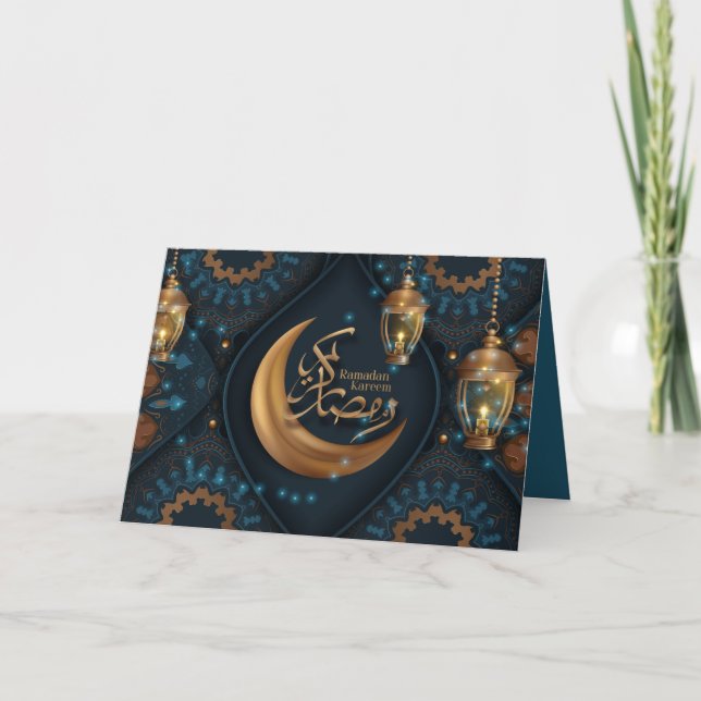 Ramadan Mubarak Guld Crescent Arabiska Mönster Blu Helgkort (Framsida)