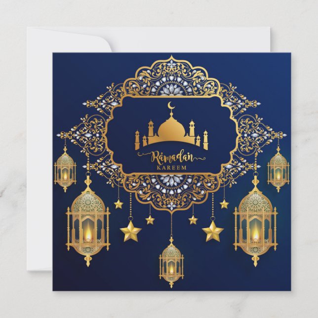 Ramadan Mubarak Guld Mosque Islamic Lantern Blue Julkort (Framsida)