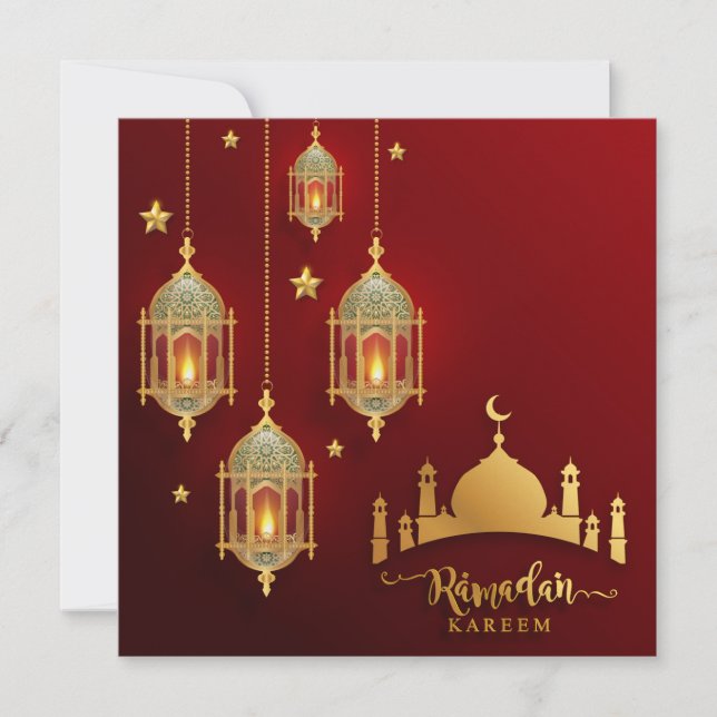 Ramadan Mubarak Guld Mosque Islamic Lantern Red Julkort (Framsida)