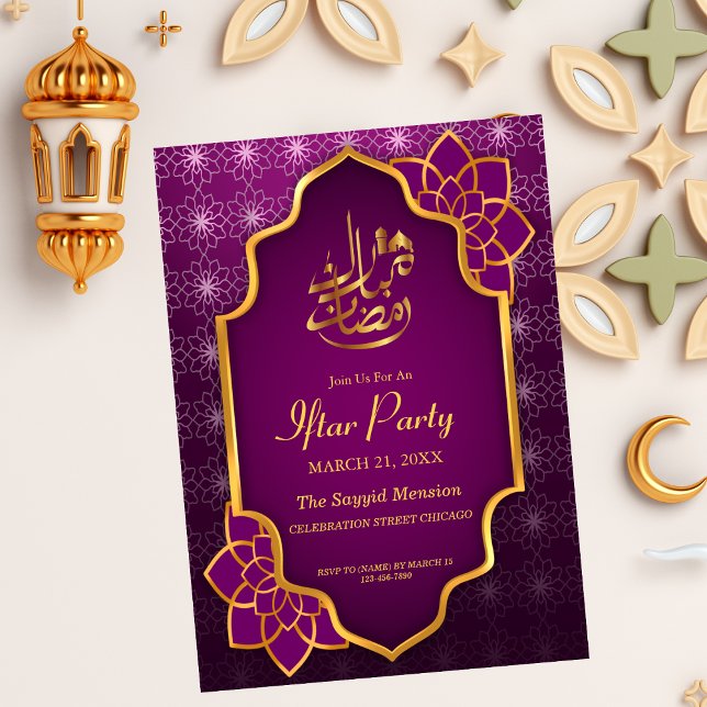 Ramadan Mubarak Lila Golden Blommigt Iftar Party Inbjudningar (Skapare uppladdad)