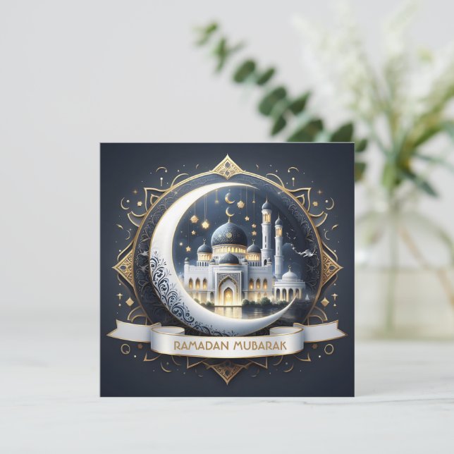 Ramadan Mubarak Muslim Guld Marinblå Moské Julkort (Stående Fram)