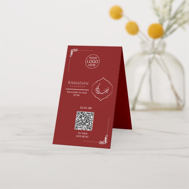 Ramadan QR-kod Bordställ Kort | Röd Iftar Meny S (Framsida)