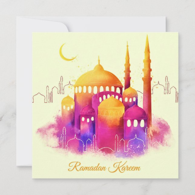 Ramadan Watercolor Guld Mosque Crescent Julkort (Framsida)