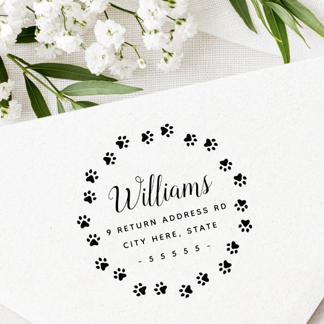 Ramavtryckskant söt returadress stämpel (Paw print border cute return address rubber stamp)