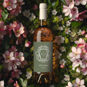 Rambling Rose Sage Monogram-krönings Bröllop Vinflaska Etikett