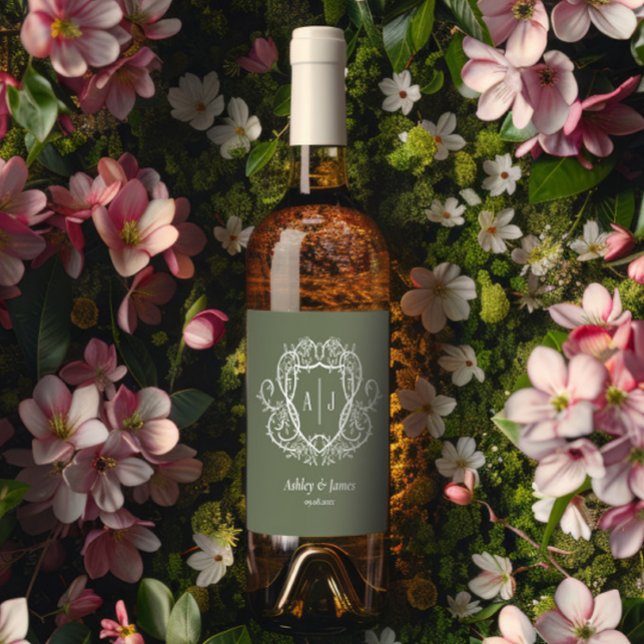 Rambling Rose Sage Monogram-krönings Bröllop Vinflaska Etikett (Skapare uppladdad)