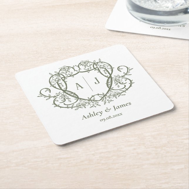 Rambling Rose Sage Monogram-kröningsbröllop Underlägg Papper Kvadrat (Vinklad)