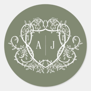 Rambling Rose Sage Monogram-kröningsvignett Bröllo Runt Klistermärke