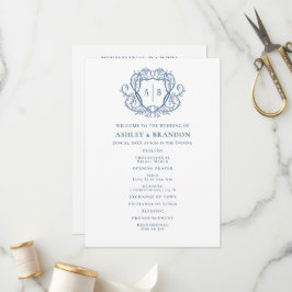 Rambling Rose Steel Blue Crest Monogram Bröllop Program