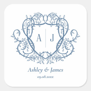 Rambling Rose Steel Blue Monogram Crest Bröllop Fyrkantigt Klistermärke