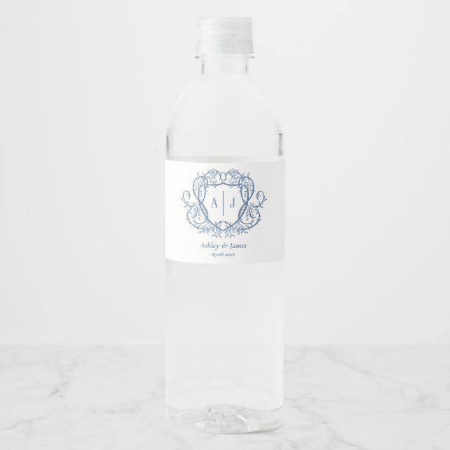 Rambling Rose Steel Blue Monogram Crest Bröllop Vattenflaskor Etikett (Framsida)