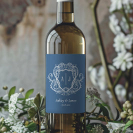 Rambling Rose Steel Blue Monogram Krönings Bröllop Vinflaska Etikett