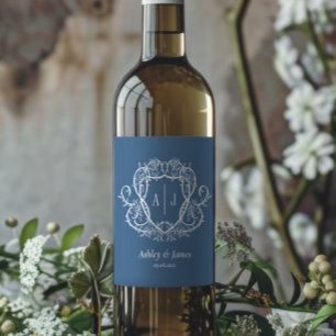 Rambling Rose Steel Blue Monogram Krönings Bröllop Vinflaska Etikett