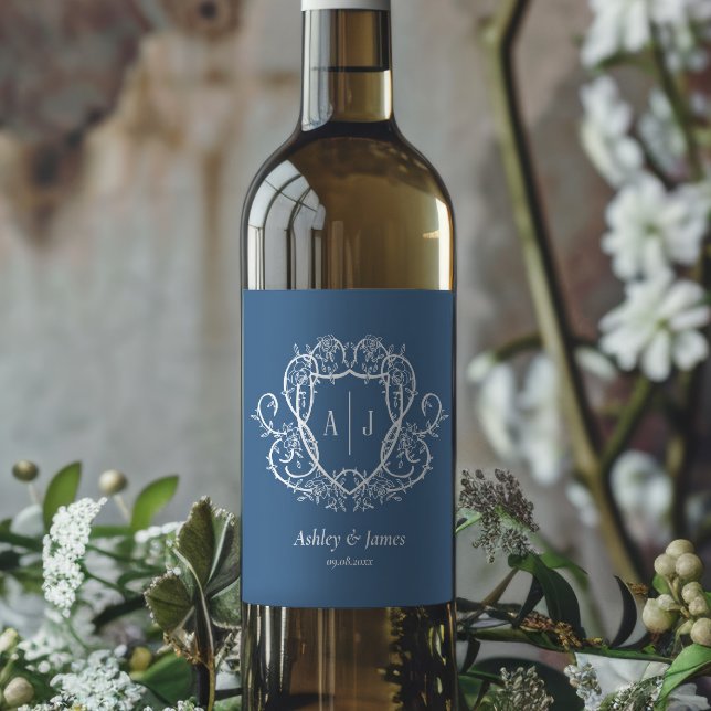 Rambling Rose Steel Blue Monogram Krönings Bröllop Vinflaska Etikett (Skapare uppladdad)