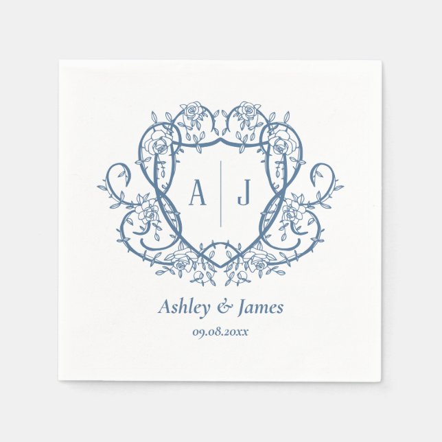 Rambling Rose Steel Blue Monogram Kröningsvigselha Pappersservett (Framsidan)