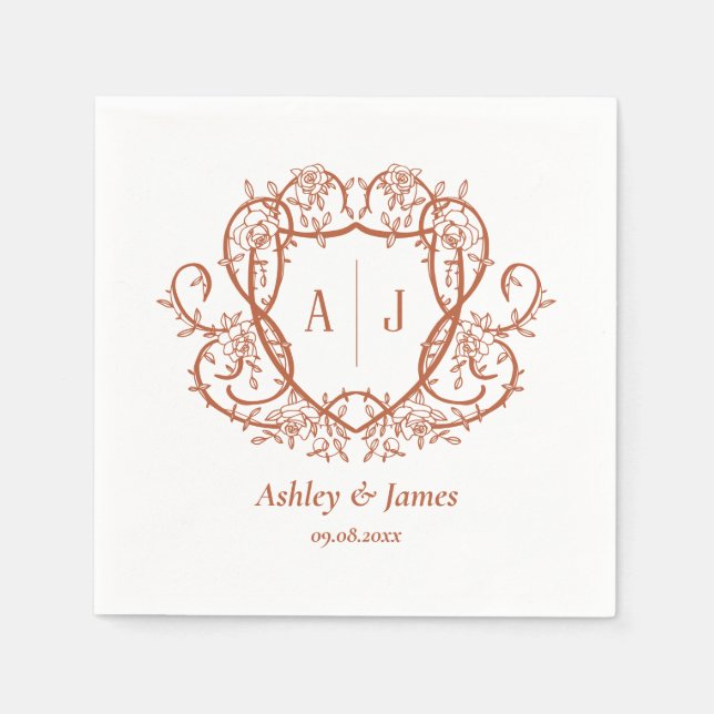 Rambling Rose Terrakotta Monogram Krönings Bröllop Pappersservett (Framsidan)