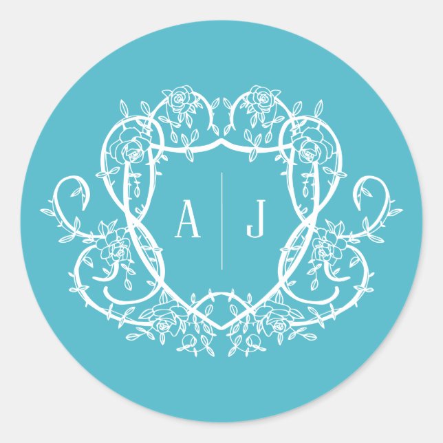 Rambling Rose Turkos Monogramm Märke Bröllop (Framsida)