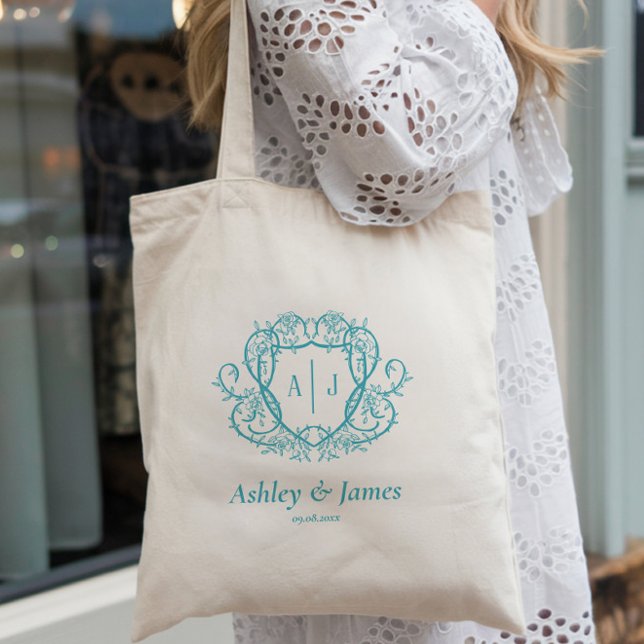 Rambling Rose Turquoise Monogram Crest Bröllop Tygkasse (Skapare uppladdad)