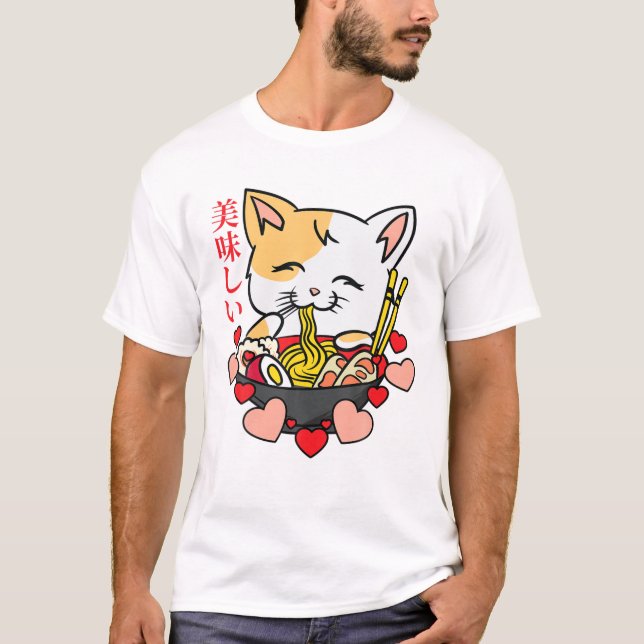 Ramen - Anime Cat - Manga Japansk Culture Art Blu T Shirt (Framsida)