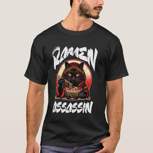 Ramen Assassin Black Cat Funny japansk Ramen Nood T Shirt (Framsida)