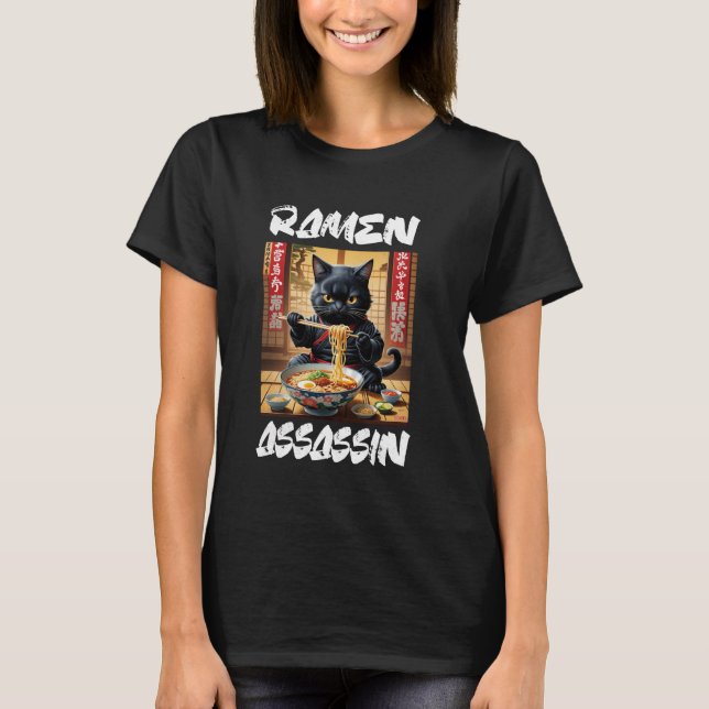 Ramen Assassin Black Cat Funny japansk Ramen Nood T Shirt (Framsida)