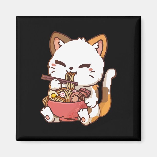 Ramen Cat Anime Kawaii Cat Eating Ramen Magnet (Framsidan)