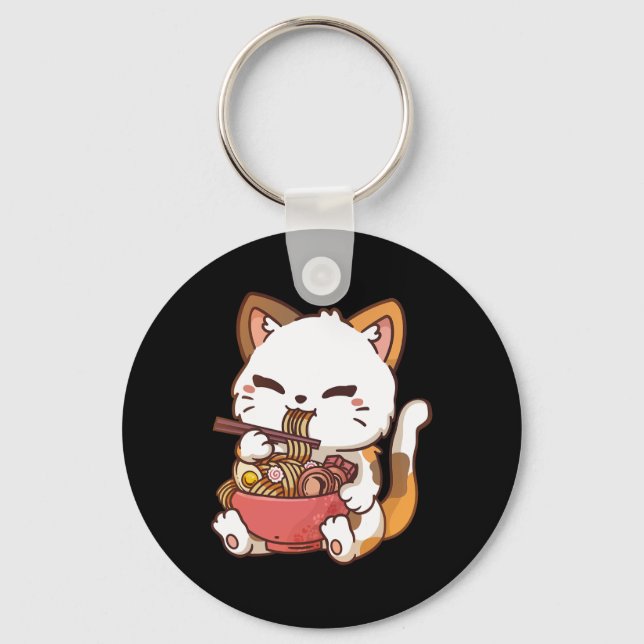 Ramen Cat Anime Kawaii Cat Eating Ramen Nyckelring (Framsida)