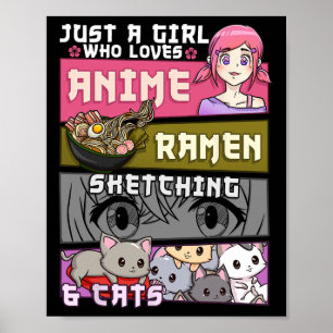 Ramen Cat Anime Sketching, en flicka som Kärlek Poster