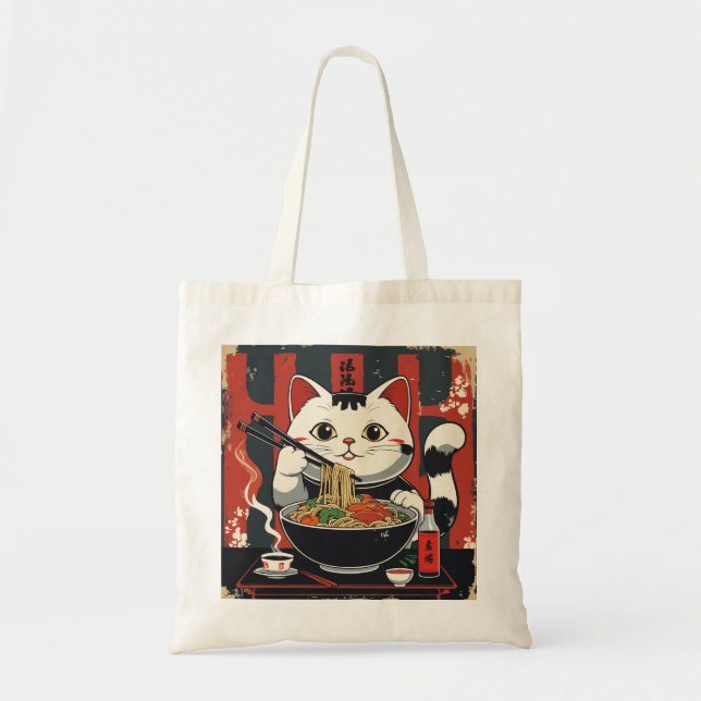Ramen Cat Delight Tote Bag - direkt Noodle Tygkasse (Framsidan)