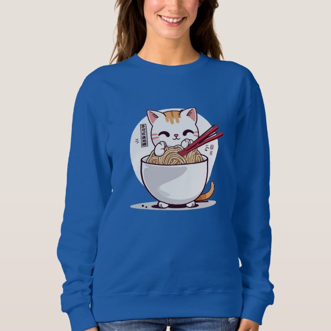 Ramen Cat Eating Noodles Design T-Shirt (Framsida)
