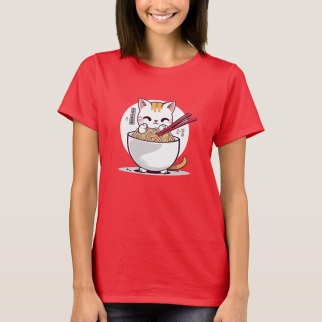 Ramen Cat Eating Noodles Design T-Shirt (Framsida)