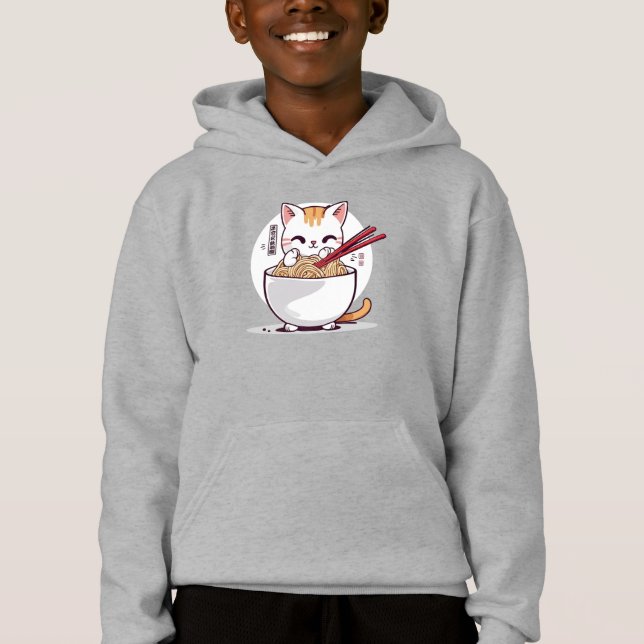 Ramen Cat Eating Noodles Design T-Shirt (Framsida)