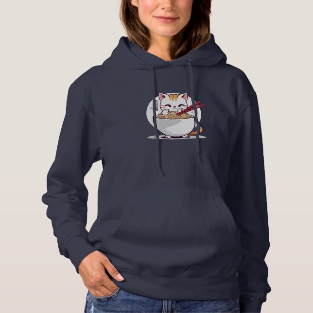 Ramen Cat Eating Noodles Design T-Shirt (Framsida)