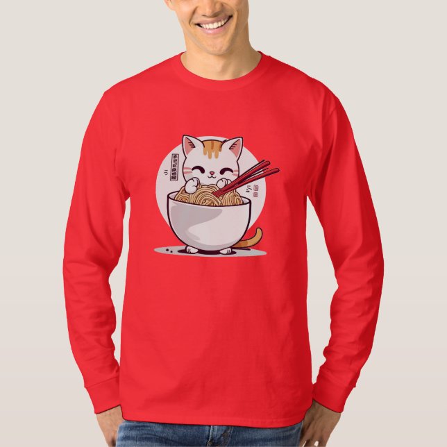 Ramen Cat Eating Noodles Design T-Shirt (Framsida)