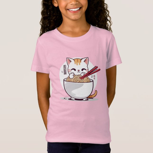 Ramen Cat Eating Noodles Design T-Shirt (Framsida)