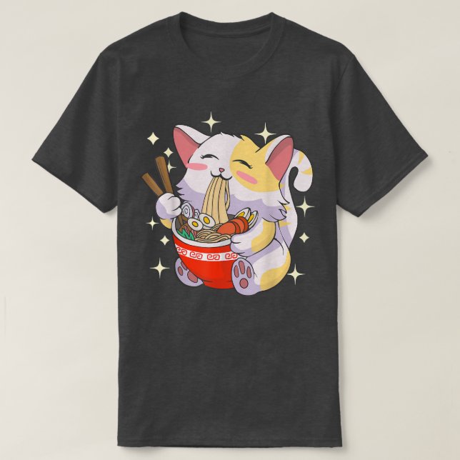 Ramen Cat Eating Noodles Japans Food Anime Tee (Design framsida)