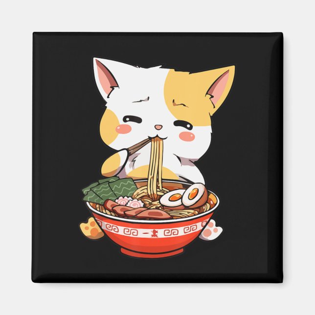 Ramen Cat Eating Noodles Kawaii Anime Merch Gift G Magnet (Framsidan)